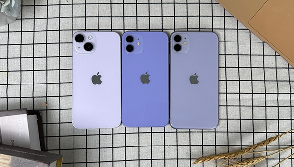 iPhone 14 màu Tím (bên trái ngoài cùng) có màu nhạt và sáng hơn các thế hệ trước đây